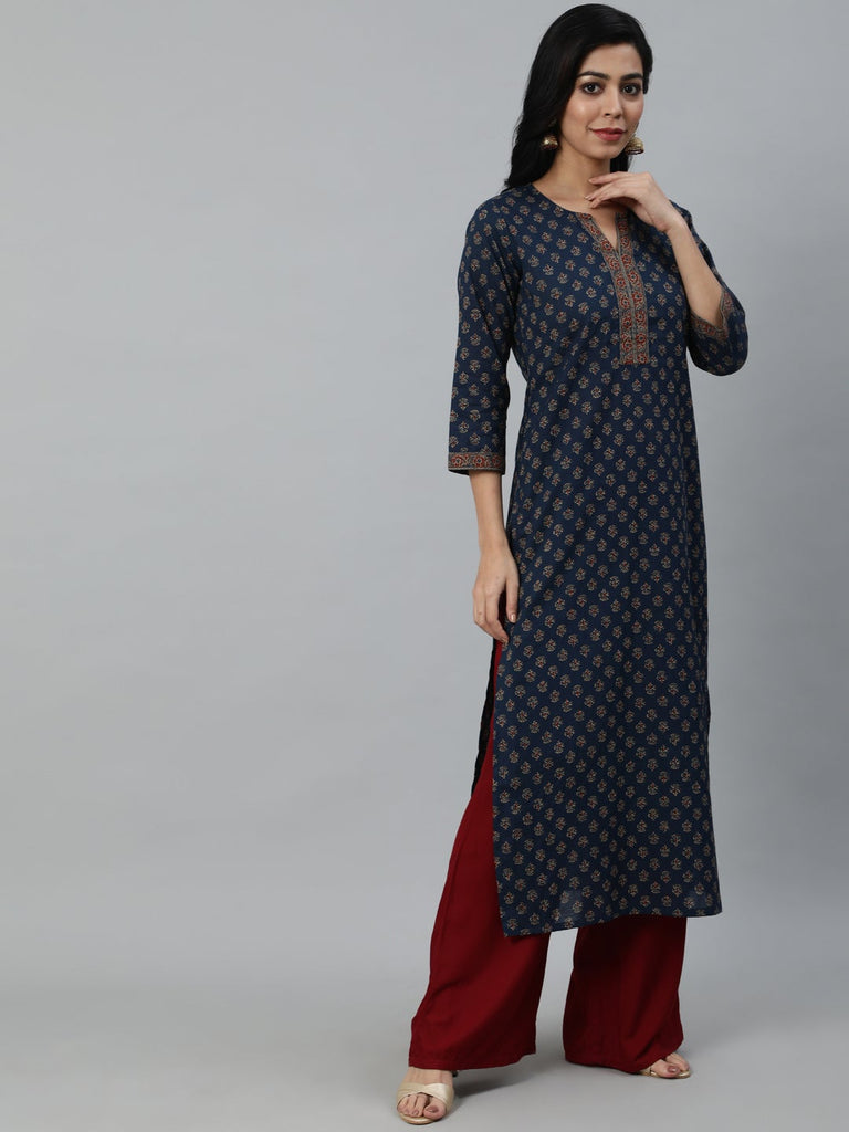 Women's Navy Blue Ethnic Printed Straight kurta With Three Quarter Sleeves