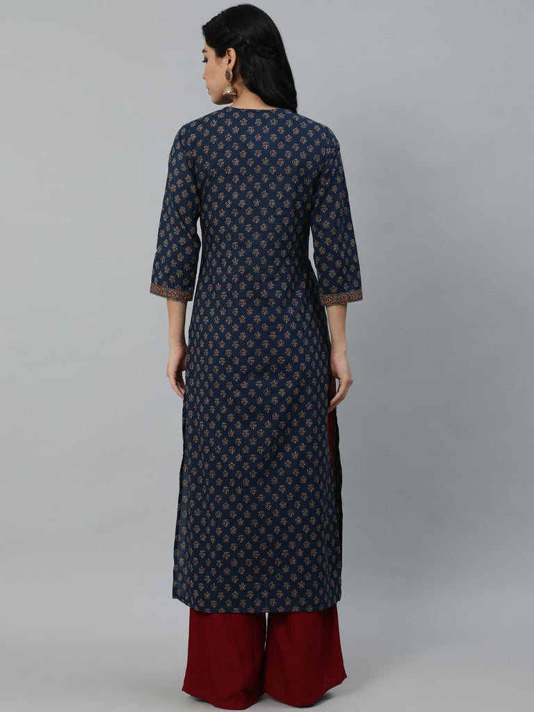 Women's Navy Blue Ethnic Printed Straight kurta With Three Quarter Sleeves