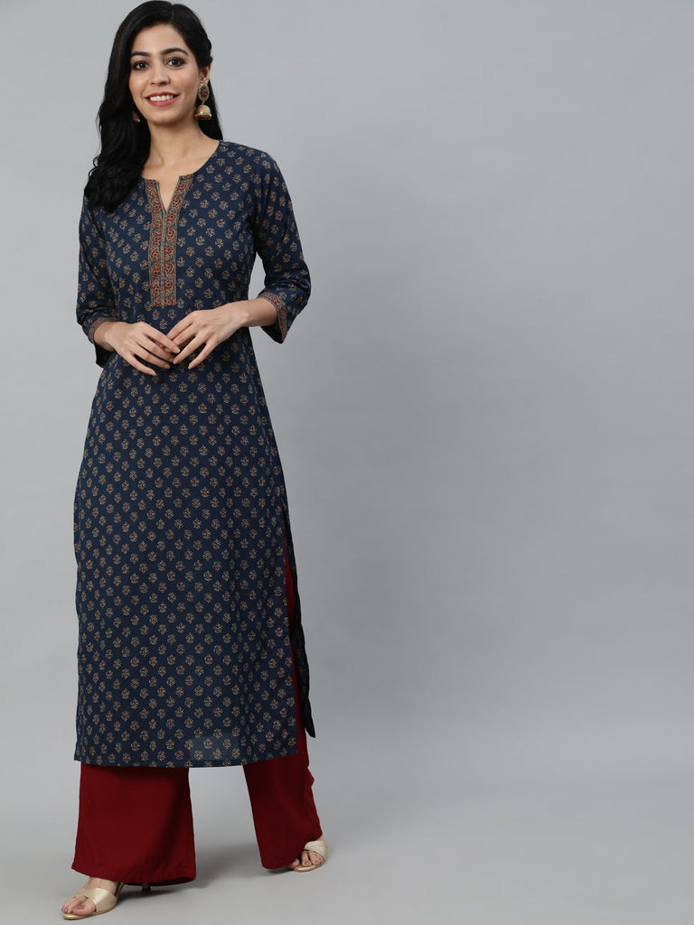 Women's Navy Blue Ethnic Printed Straight kurta With Three Quarter Sleeves