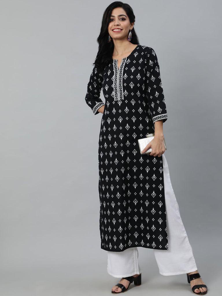 Women's Black Printed Straight Kurta With Three Quarter Sleeves