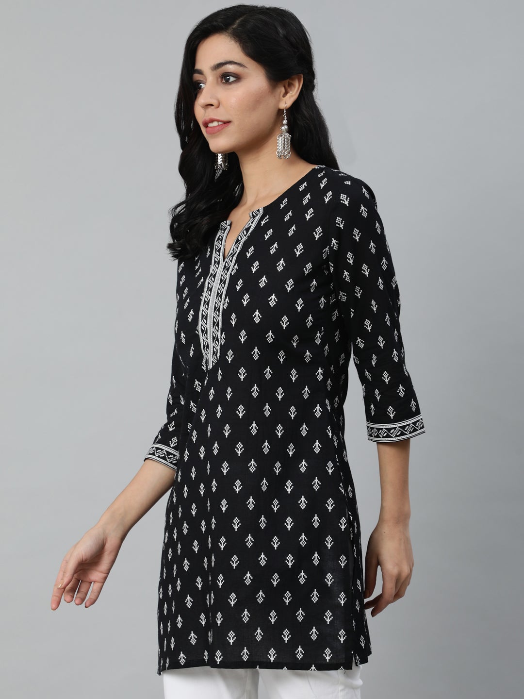 Women's Black & White Printed Cotton Tunic - Nayo Clothing