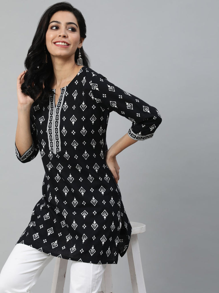 Women's Black & White Printed Cotton Tunic
