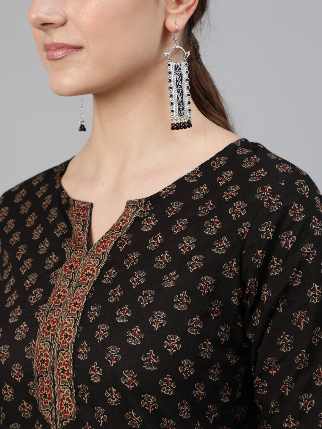 Women's Brown Printed Straight Tunic With Three Quarter Sleeves - Nayo Clothing