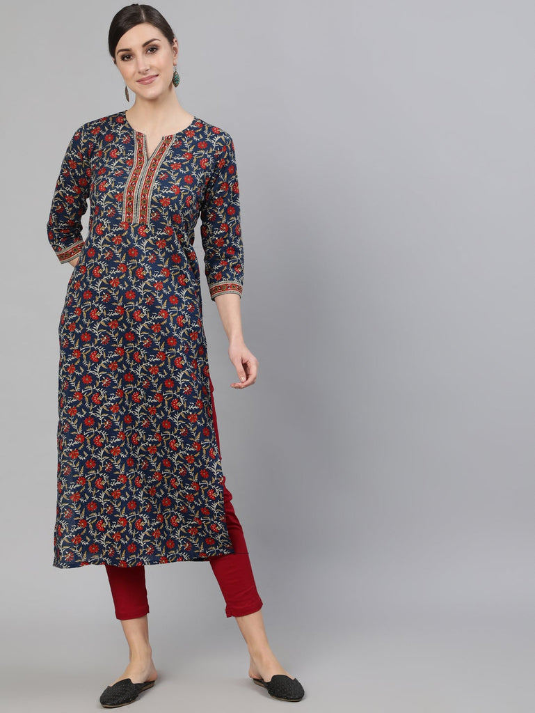 Women's Blue Printed Straight Kurta With Three Quarter