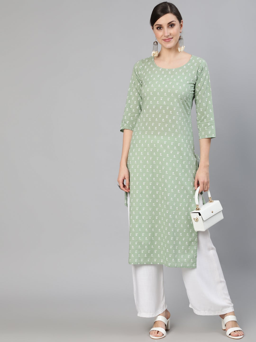 Women's Sage Green Printed Straight Kurta With Three Quarter Sleevs - Nayo Clothing