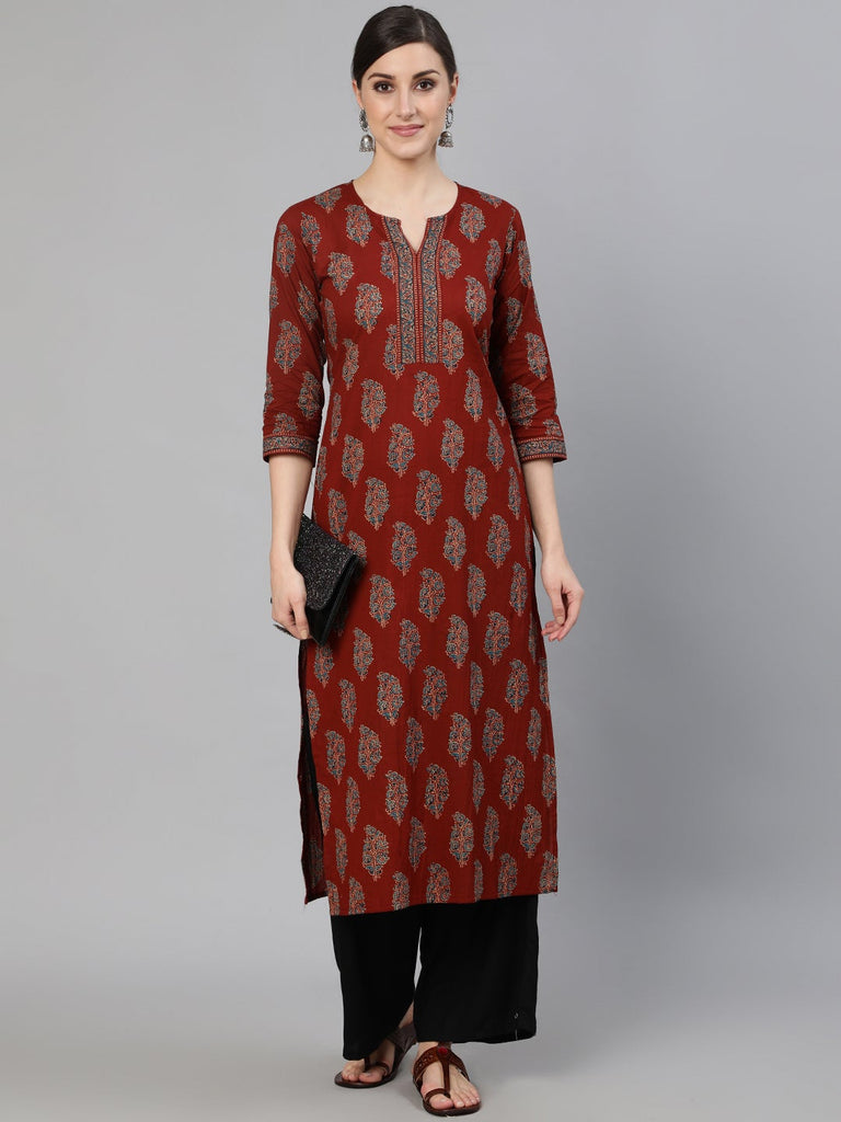 Women's Maroon Printed Straight Kurta With Three Quarter Sleeves