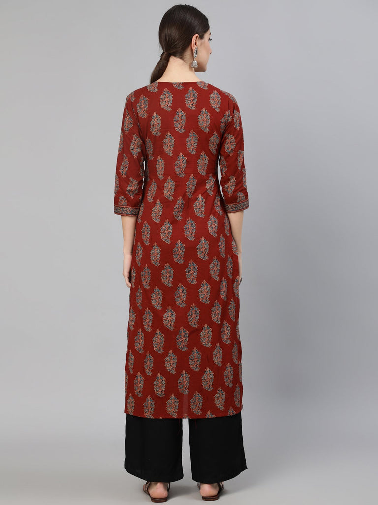Women's Maroon Printed Straight Kurta With Three Quarter Sleeves