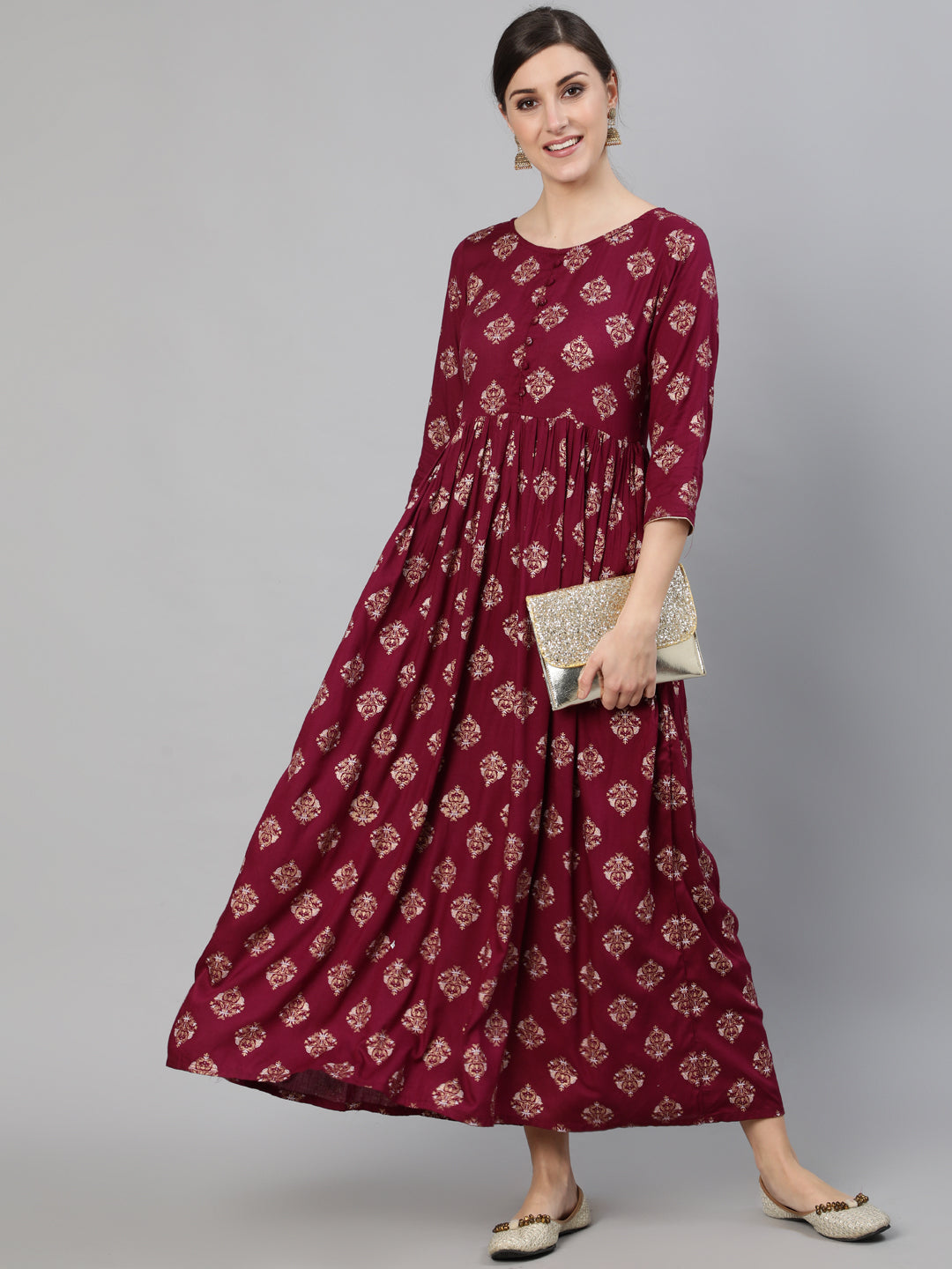 Women's Burgundy Ethnic Printed Dress With Three Quarter Sleeves - Nayo Clothing
