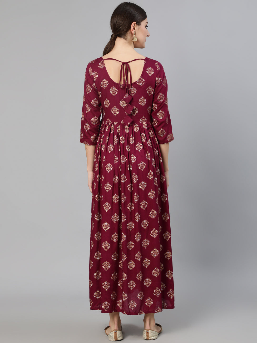 Women's Burgundy Ethnic Printed Dress With Three Quarter Sleeves - Nayo Clothing