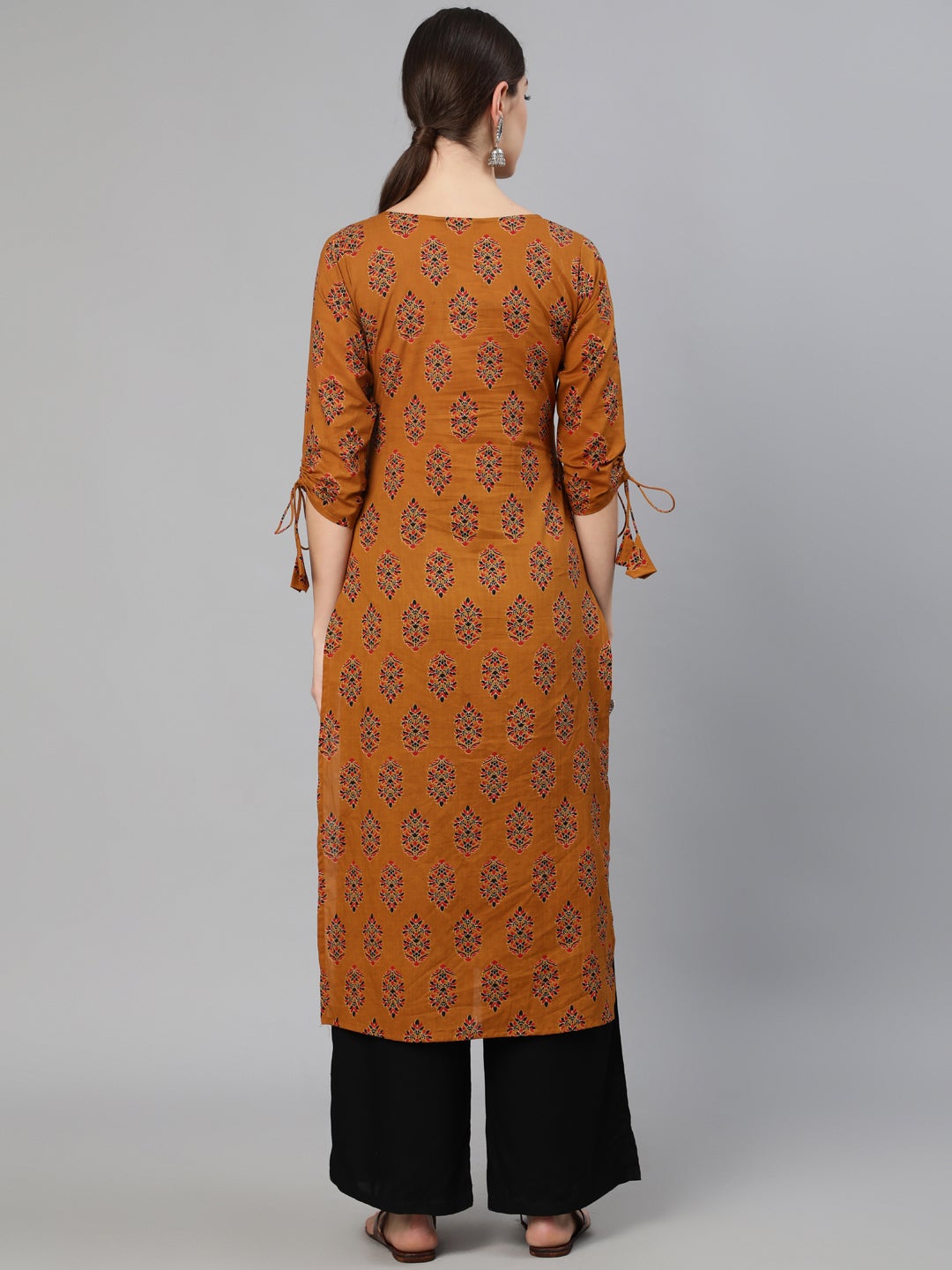 Women's Mustard Ethnic Motifs Printed Straight Kurta With Tassel Detail - Nayo Clothing