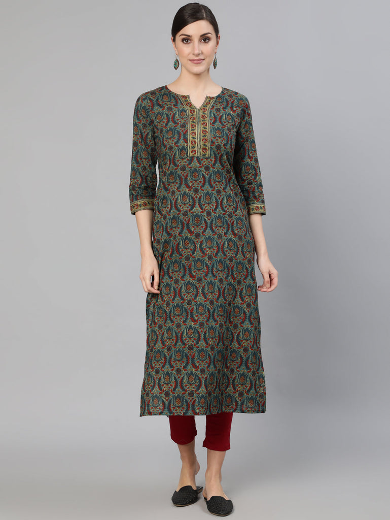 Women's Blue Ethnic Motif Printed Straight Kurta With Three Quarter Sleeves