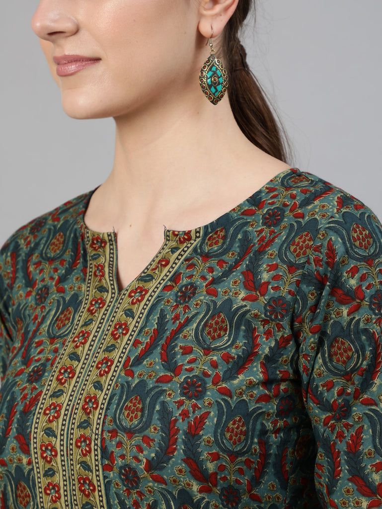Women's Blue Ethnic Motif Printed Straight Kurta With Three Quarter Sleeves