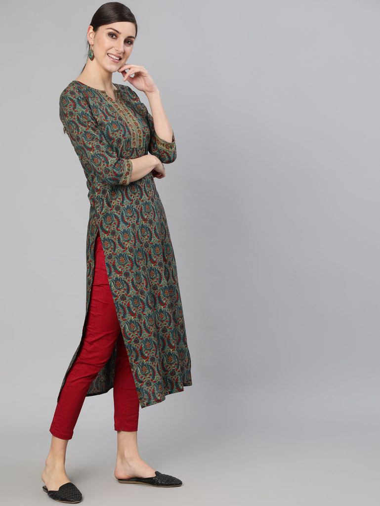 Women's Blue Ethnic Motif Printed Straight Kurta With Three Quarter Sleeves