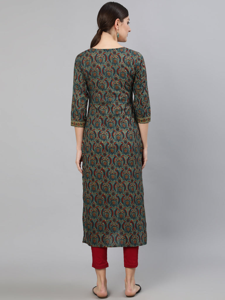 Women's Blue Ethnic Motif Printed Straight Kurta With Three Quarter Sleeves