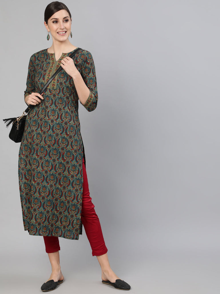 Women's Blue Ethnic Motif Printed Straight Kurta With Three Quarter Sleeves