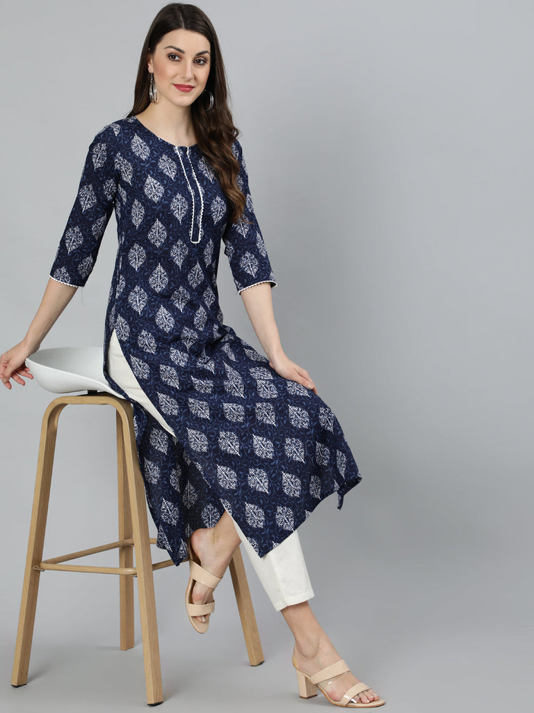 Women's Navy Blue Ethnic Printed Straight Kurta with Lace Details