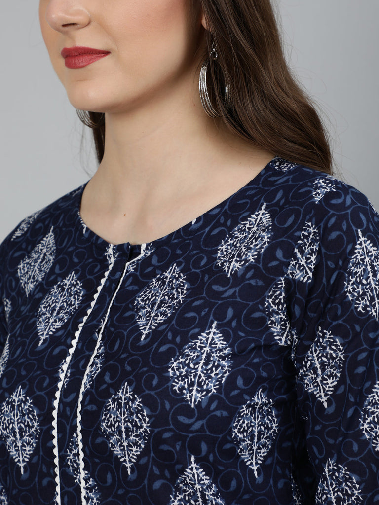 Women's Navy Blue Ethnic Printed Straight Kurta with Lace Details