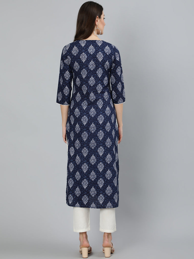 Women's Navy Blue Ethnic Printed Straight Kurta with Lace Details
