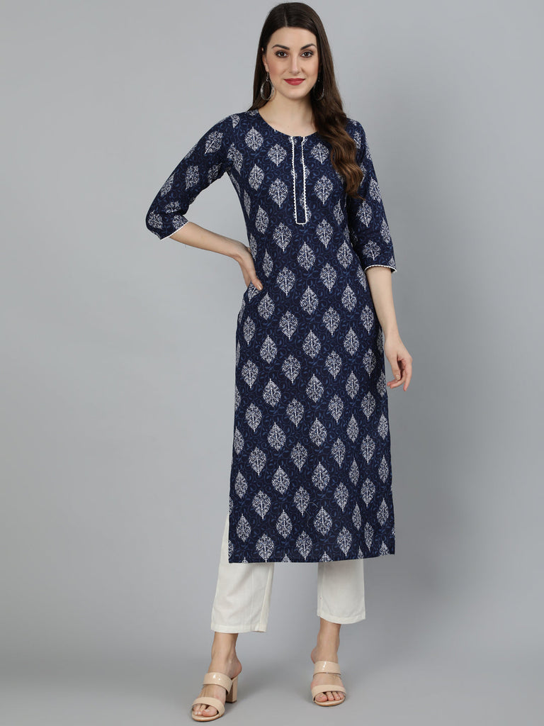 Women's Navy Blue Ethnic Printed Straight Kurta with Lace Details