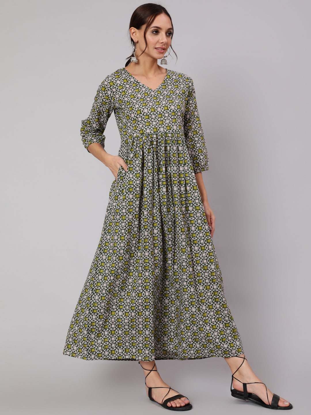 Women's Mustard Printed Dress With Three Quarter Sleeves - Nayo Clothing