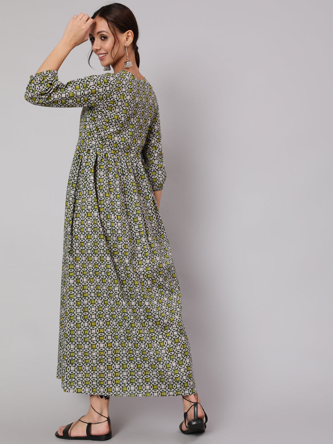 Women's Mustard Printed Dress With Three Quarter Sleeves - Nayo Clothing