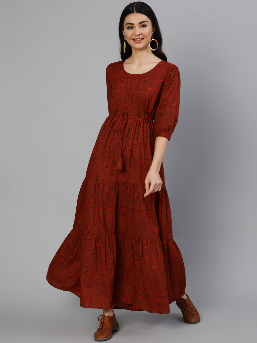 Women's Maroon Printed Tiered Dress With Three Quarter Sleeves - Nayo Clothing