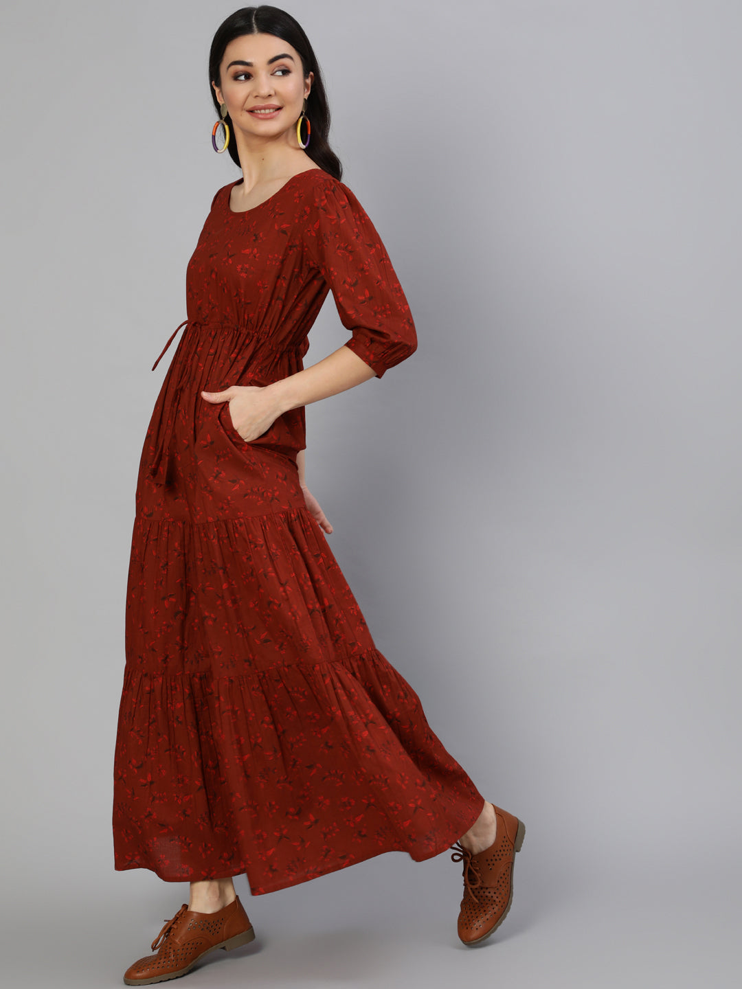 Women's Maroon Printed Tiered Dress With Three Quarter Sleeves - Nayo Clothing