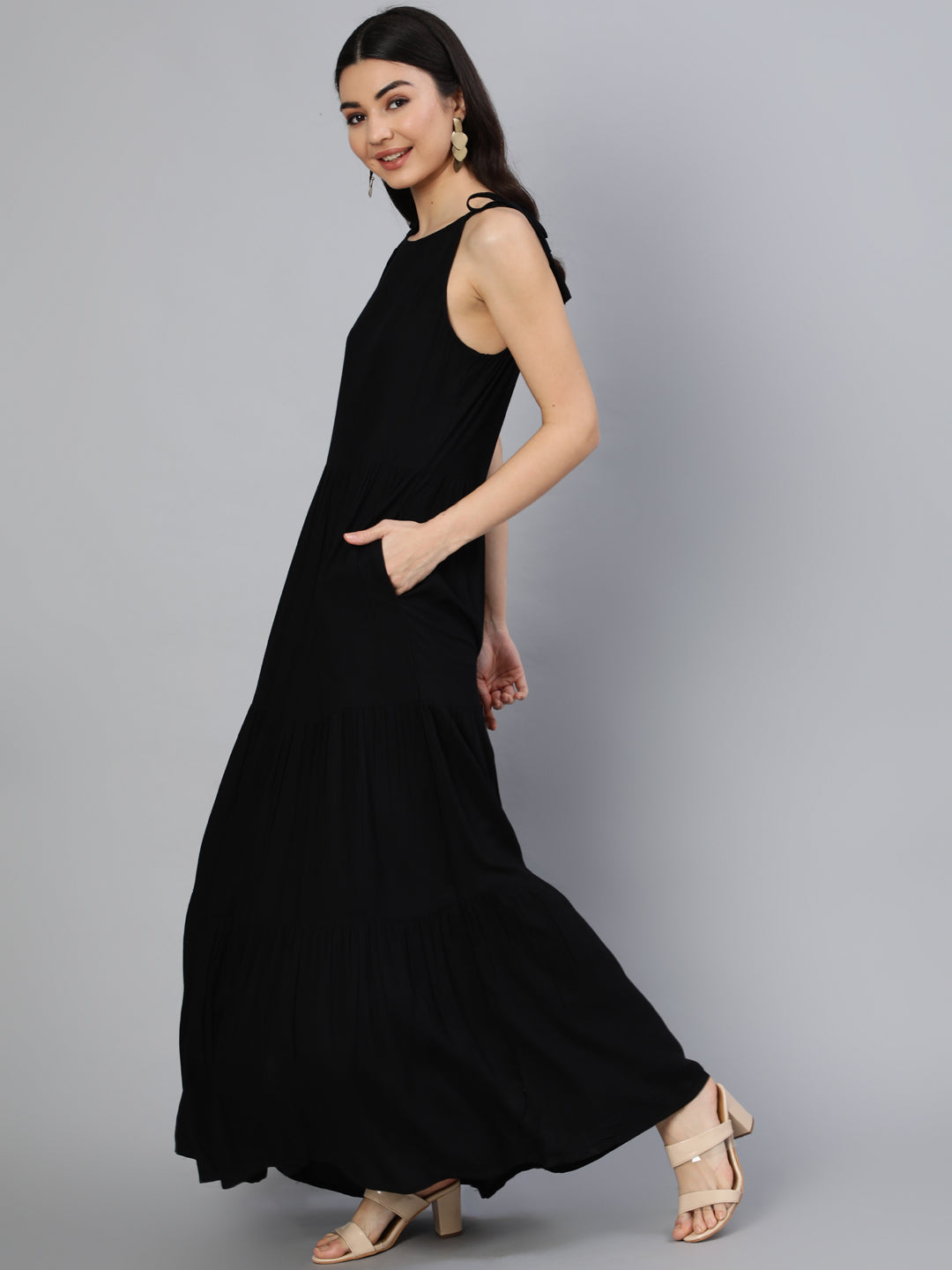 Women's Black Halter Neck Tiered Dress - Nayo Clothing