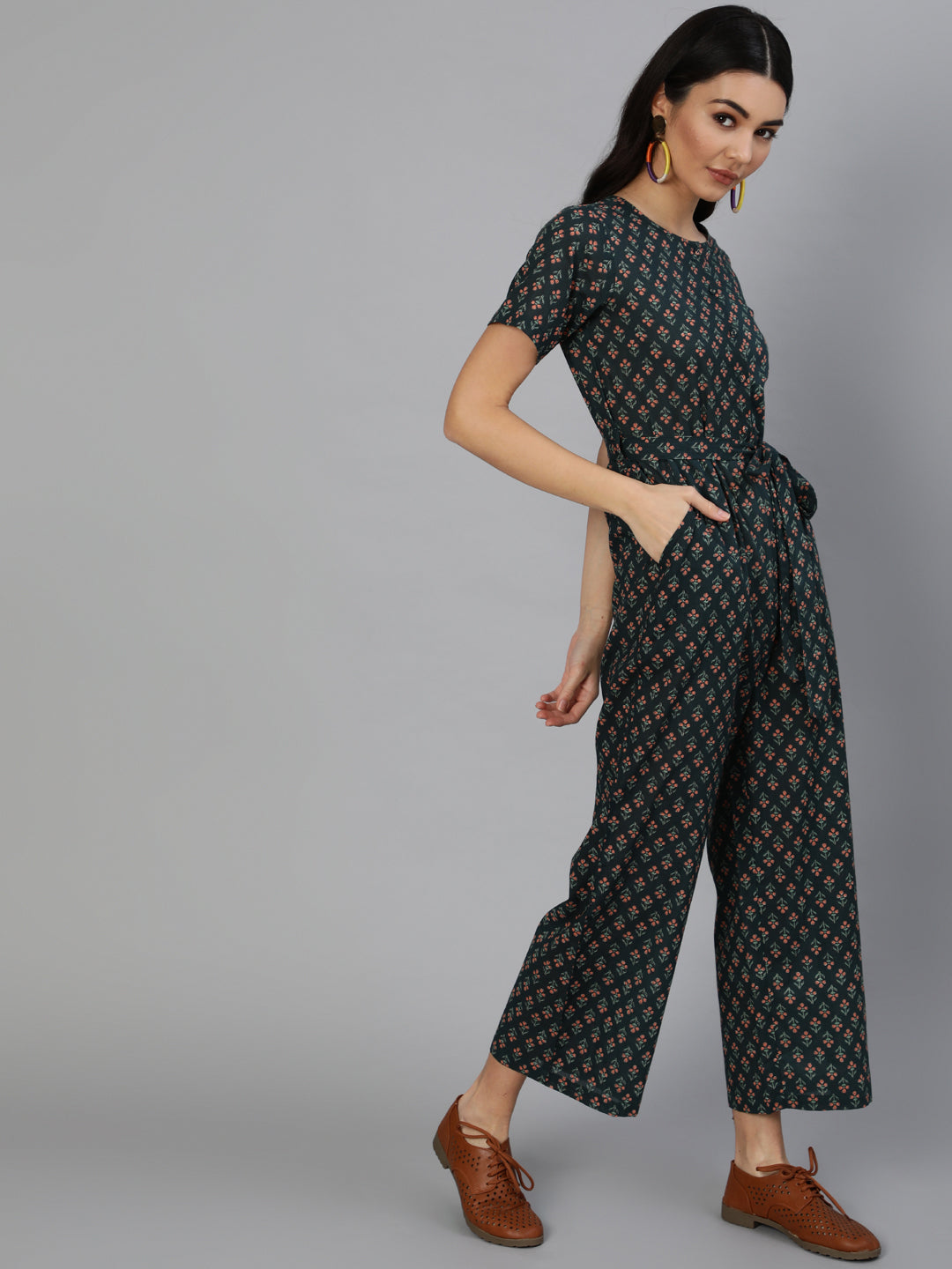 Women's Green Printed Jumpsuit With Side Pockets - Nayo Clothing