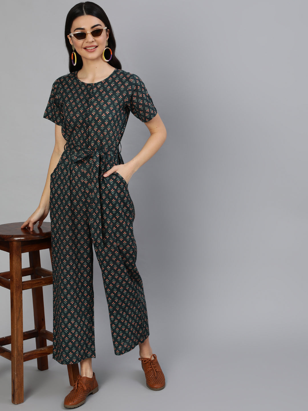 Women's Green Printed Jumpsuit With Side Pockets - Nayo Clothing
