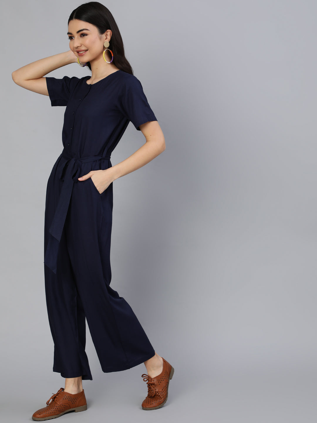 Women's Navy Blue Jumpsuit With Side Pockets - Nayo Clothing