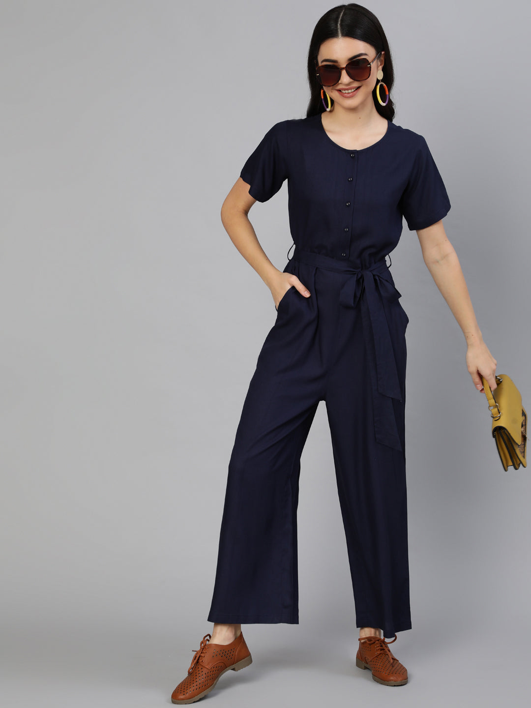 Women's Navy Blue Jumpsuit With Side Pockets - Nayo Clothing