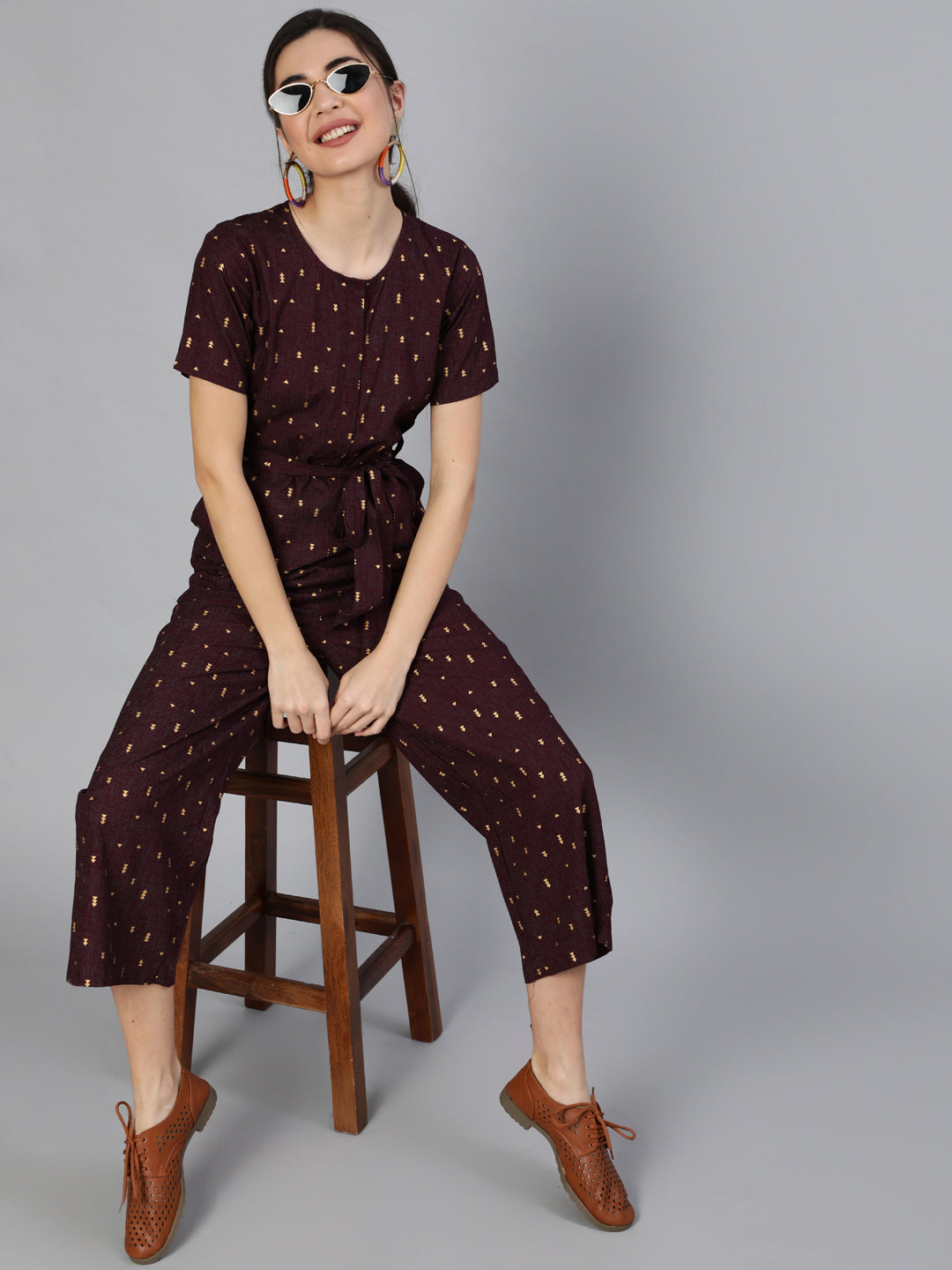 Women's Burgundy Printed Jumpsuit With Side Pockets - Nayo Clothing