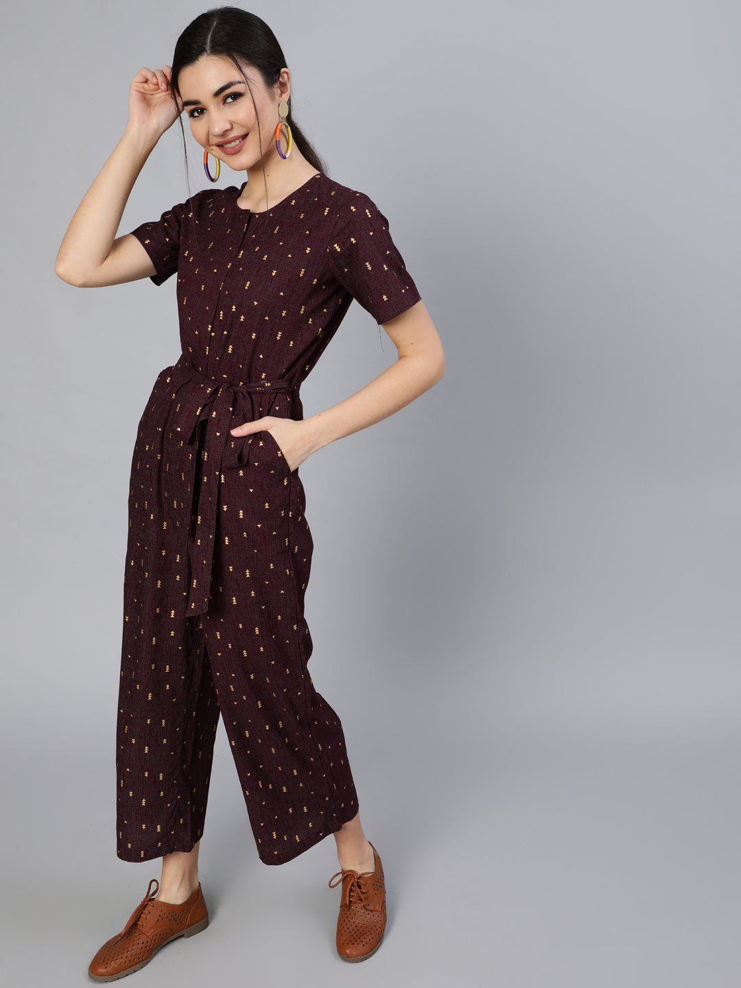 Women's Burgundy Printed Jumpsuit With Side Pockets - Nayo Clothing