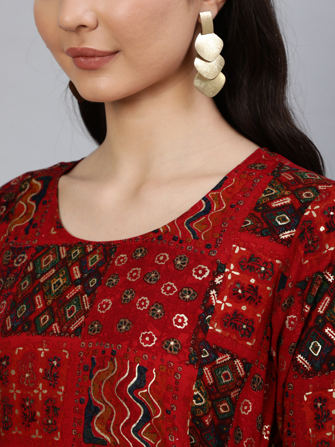 Women's Red Printed Dress With Three Quarter Sleeves - Nayo Clothing