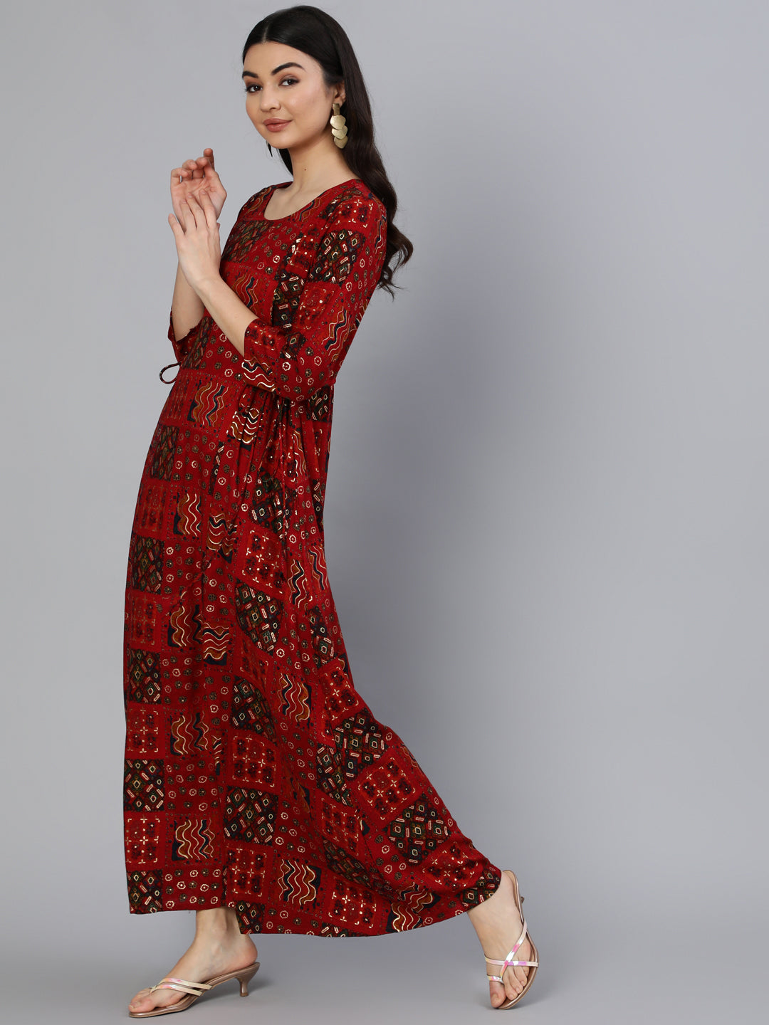 Women's Red Printed Dress With Three Quarter Sleeves - Nayo Clothing