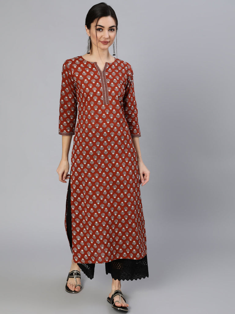 Women's Maroon Ethnic Printed Straight Kurta With Three Quarter Sleeves