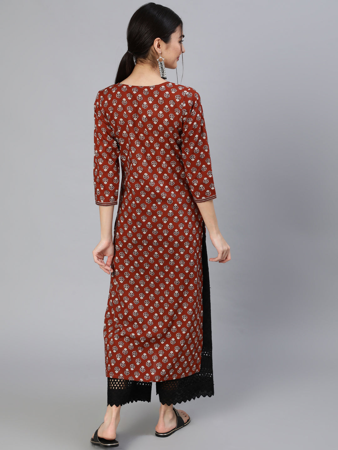 Women's Maroon Ethnic Printed Straight Kurta With Three Quarter Sleeves - Nayo Clothing USA