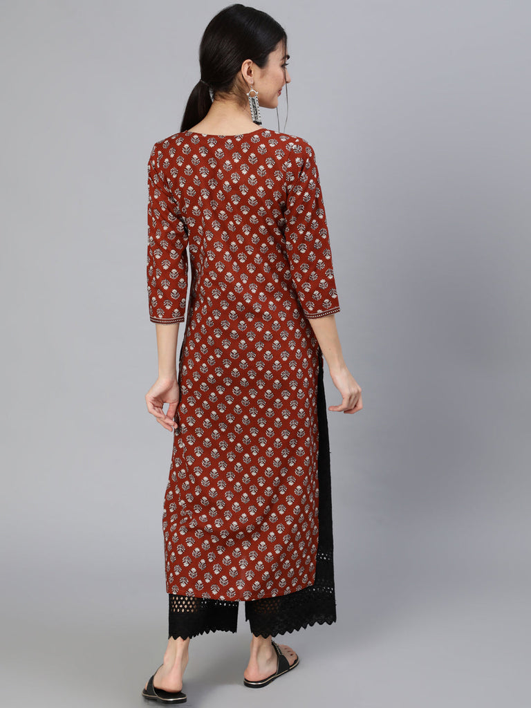 Women's Maroon Ethnic Printed Straight Kurta With Three Quarter Sleeves