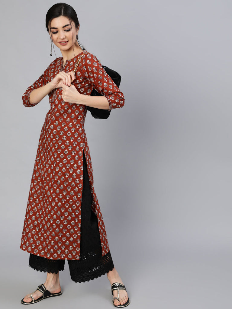 Women's Maroon Ethnic Printed Straight Kurta With Three Quarter Sleeves