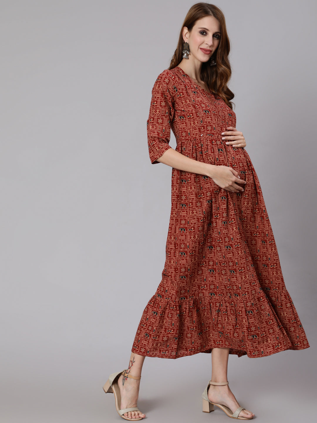 Women's Rust Ethnic Printed Maternity Dress With Three Quarter Sleeves - Nayo Clothing