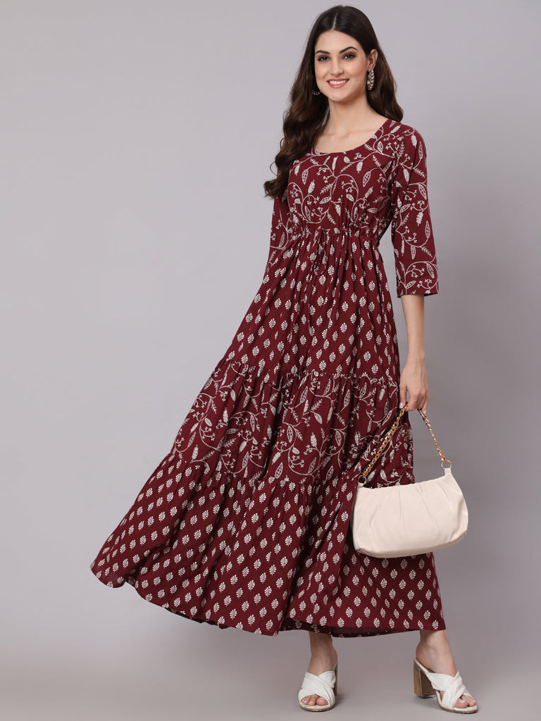 Women's Burgundy Ethnic Printed Flared Dress With Three Quarter Sleevs