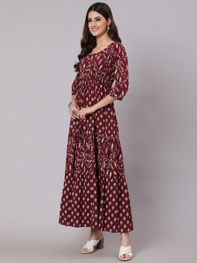Women's Burgundy Ethnic Printed Flared Dress With Three Quarter Sleevs