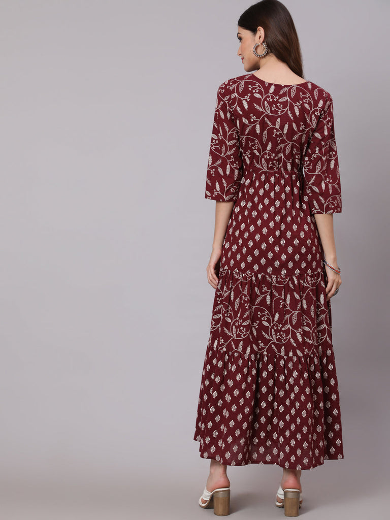 Women's Burgundy Ethnic Printed Flared Dress With Three Quarter Sleevs