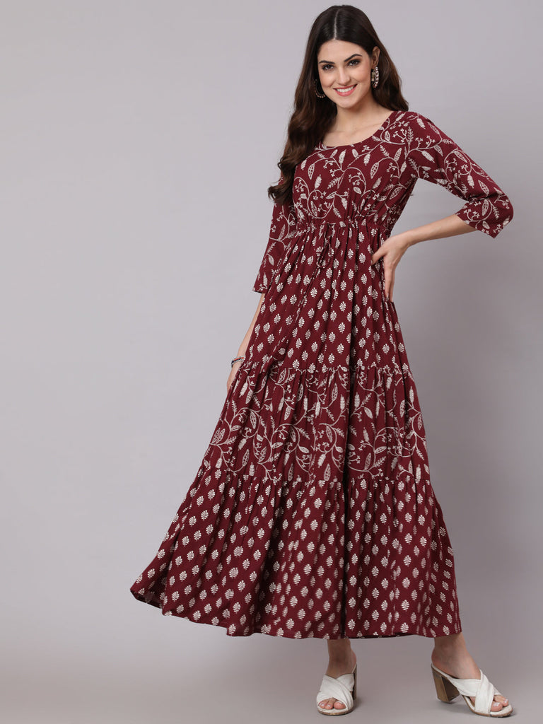 Women's Burgundy Ethnic Printed Flared Dress With Three Quarter Sleevs