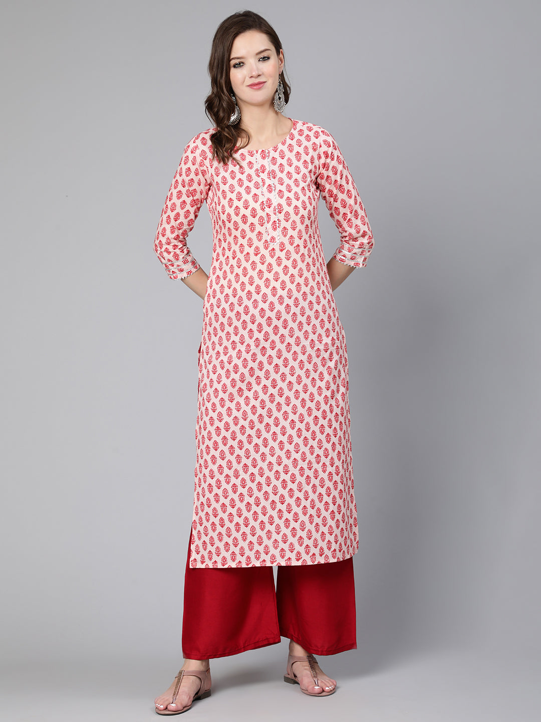 Women's Pink Ethnic Printed Straight Kurta With Three Quarter Sleeves - Nayo Clothing