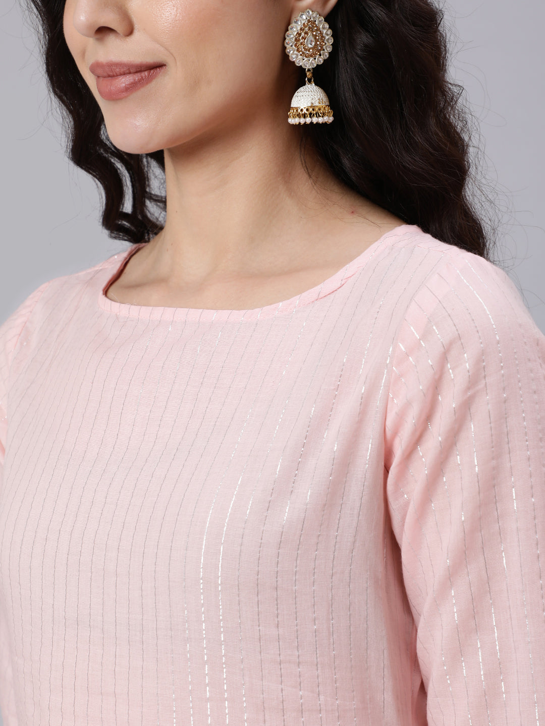 Women's Pink Color With Silver Stripe Solid Straight Kurta - Nayo Clothing