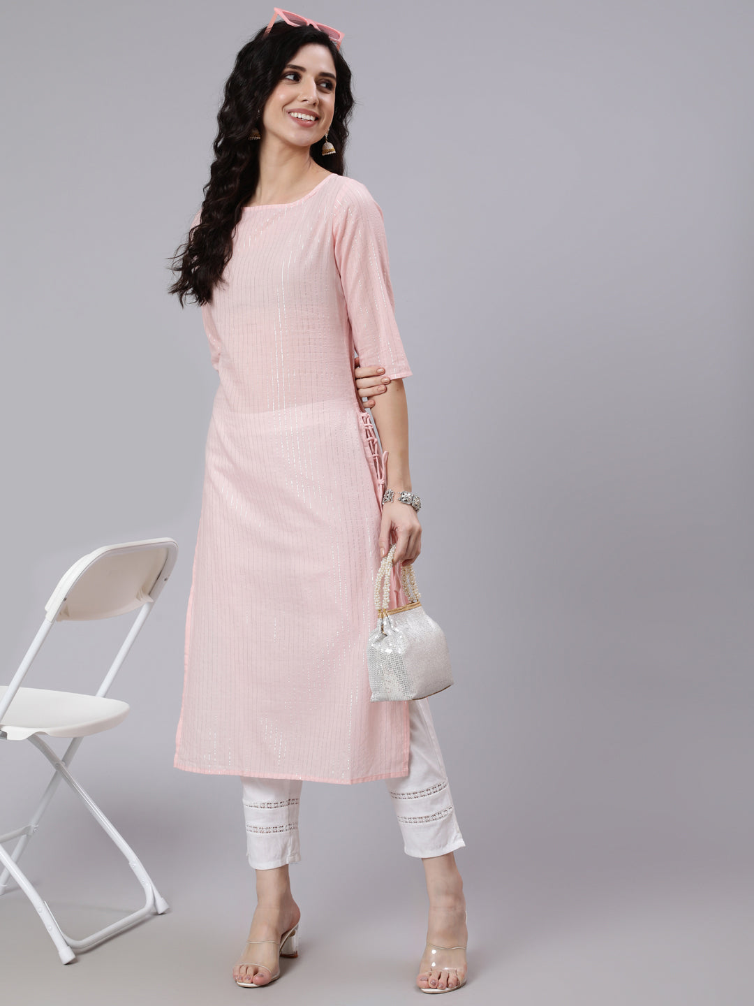 Women's Pink Color With Silver Stripe Solid Straight Kurta - Nayo Clothing