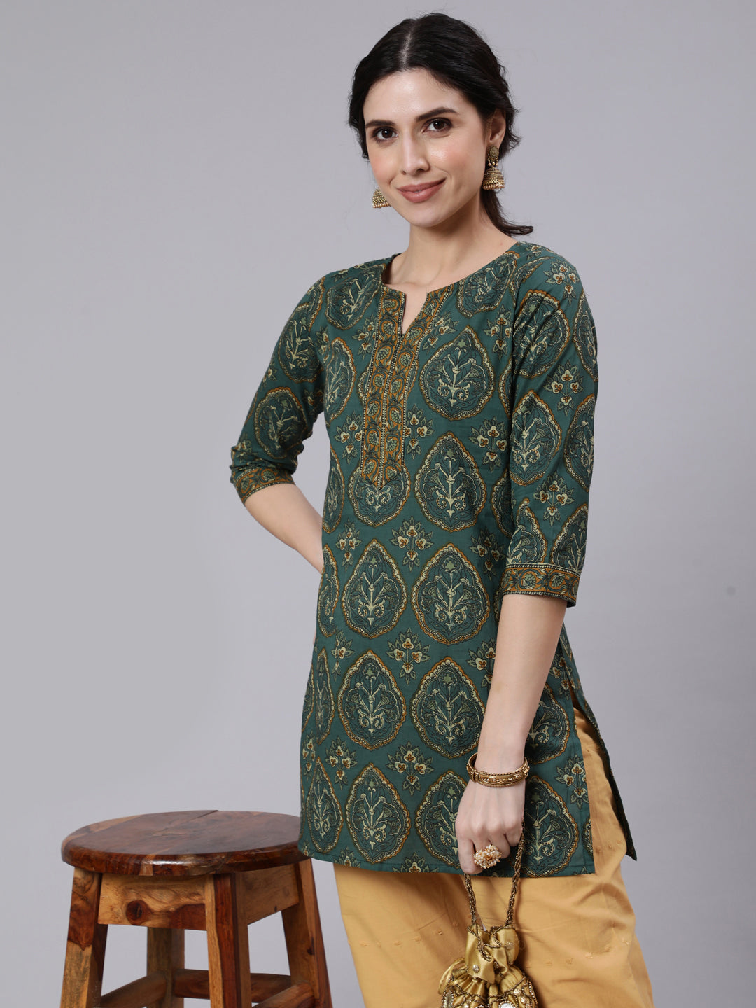 Women's Green Ethnic Printed Tunic With Three Quarter Sleevs - Nayo Clothing