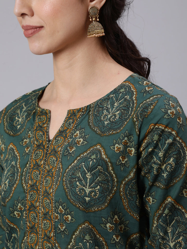 Women's Green Ethnic Printed Tunic With Three Quarter Sleevs